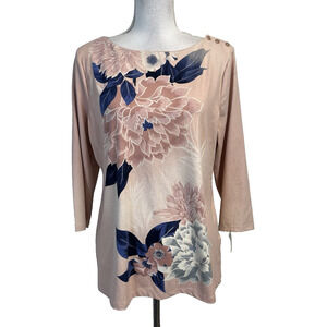 Charter Club Top Pullover sz Large Mauve Pink Blue Floral Stretch Career Casual